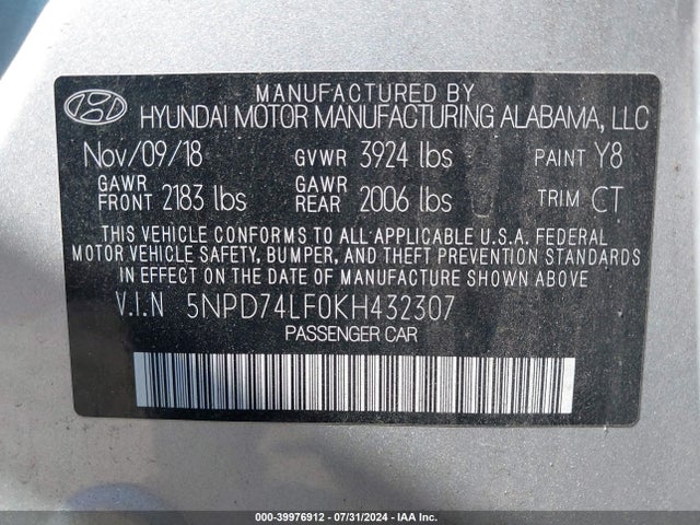 Hyundai ELANTRA SE 2019 5NPD74LF0KH432307 Image 9