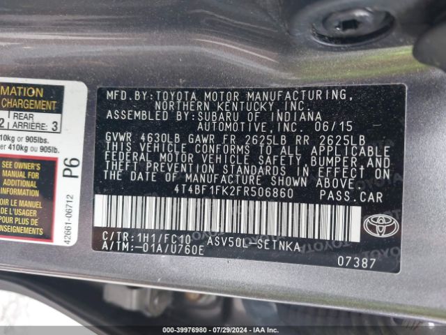 4T4BF1FK2FR506860 Toyota CAMRY LE