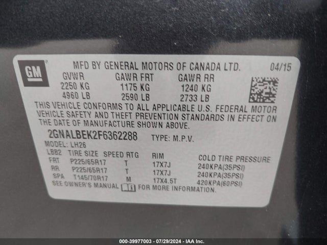 Chevrolet EQUINOX 1LT 2015 2GNALBEK2F6362288 Image 9
