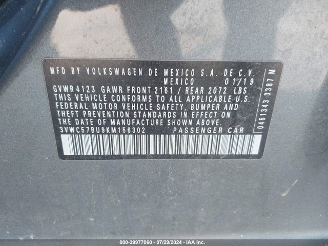 3VWC57BU9KM156302 Volkswagen Jetta 1.4t R-line/1.4t S/1.4t Se