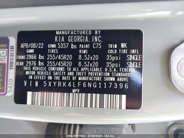 5XYRK4LF6NG117396 KIA Sorento Sx Prestige