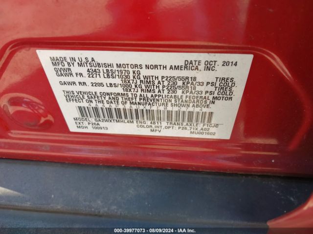 4A4AP3AUXFE012714 Mitsubishi Outlander Sport Es