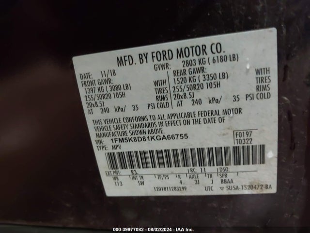 39977082 :رقم المزاد ، 1FM5K8D81KGA66755 vin ، 2019 Ford Explorer Xlt مزاد بيع