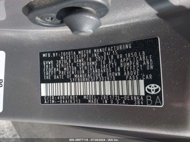 5YFBURHE5FP302870 Toyota Corolla Le Plus