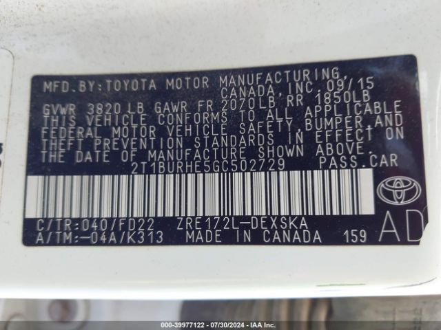 2T1BURHE5GC502729 Toyota Corolla S