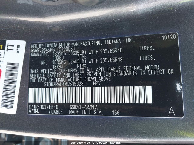 Toyota Highlander Xle 2021 5TDHZRAH4MS515328 Image 9
