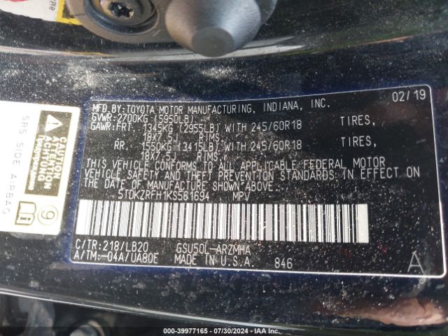 5TDKZRFH1KS561694 Toyota Highlander Xle