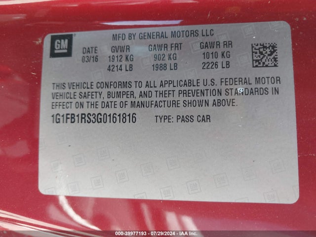 Chevrolet Camaro 1lt 2016 1G1FB1RS3G0161816 Image 9