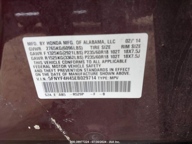 5FNYF4H45EB029714 Honda Pilot Ex