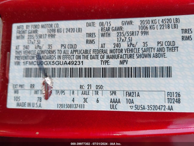 Ford ESCAPE SE 2016 1FMCU0GX5GUA49231 Image 9