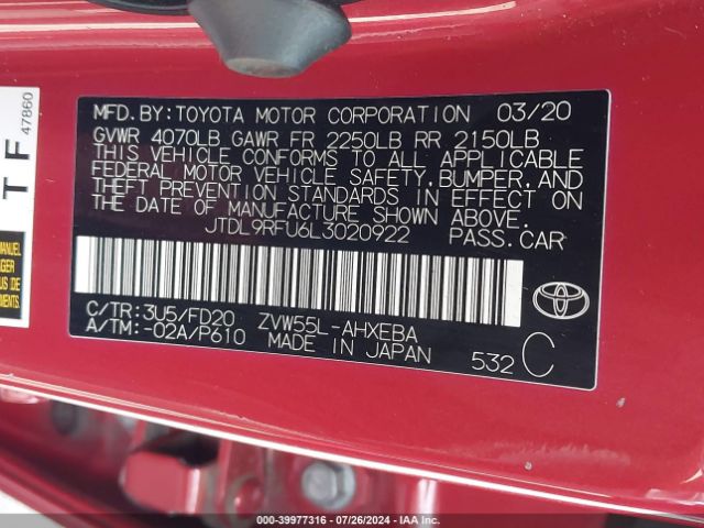 JTDL9RFU6L3020922 Toyota Prius Le Awd-e