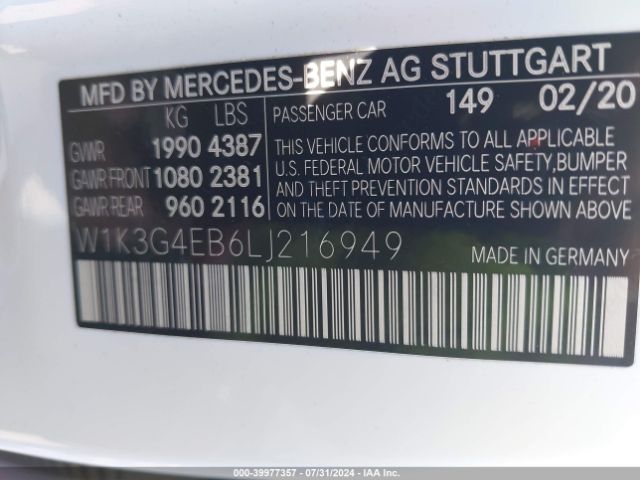 W1K3G4EB6LJ216949 Mercedes-Benz A 220