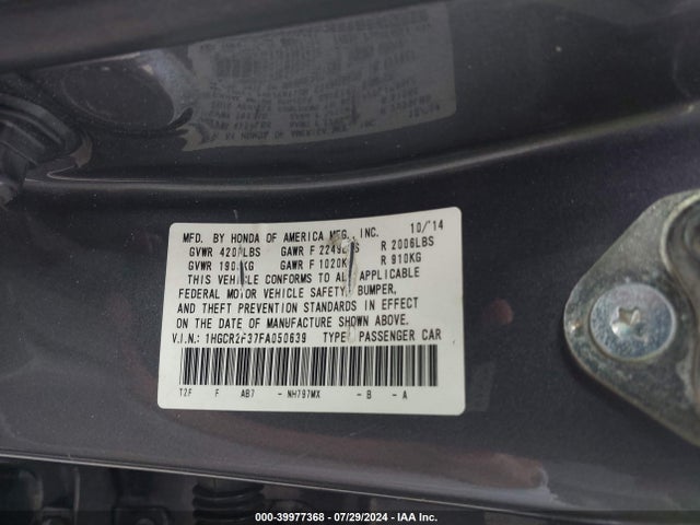 Honda ACCORD LX 2015 1HGCR2F37FA050639 Image 9