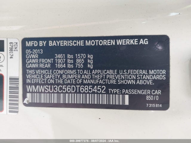 2013 MINI HARDTOP WMWSU3C56DT685452 Photo 8