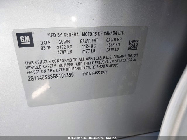 Chevrolet IMPALA 2LZ 2016 2G1145S33G9101359 Image 9