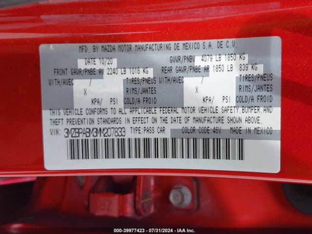 3MZBPABM3MM207833 Mazda Mazda3 Select
