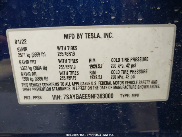 2022 TESLA MODEL Y 7SAYGAEE9NF363000 Photo 8