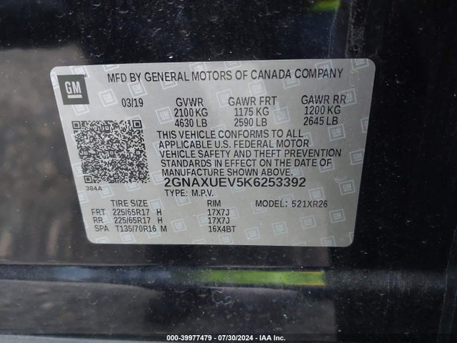 Chevrolet EQUINOX LT 2019 2GNAXUEV5K6253392 Image 9