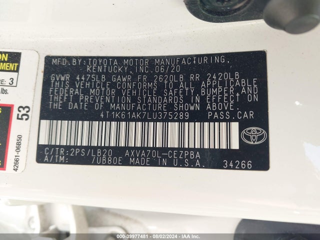 Toyota CAMRY XSE 2020 4T1K61AK7LU375289 Image 9
