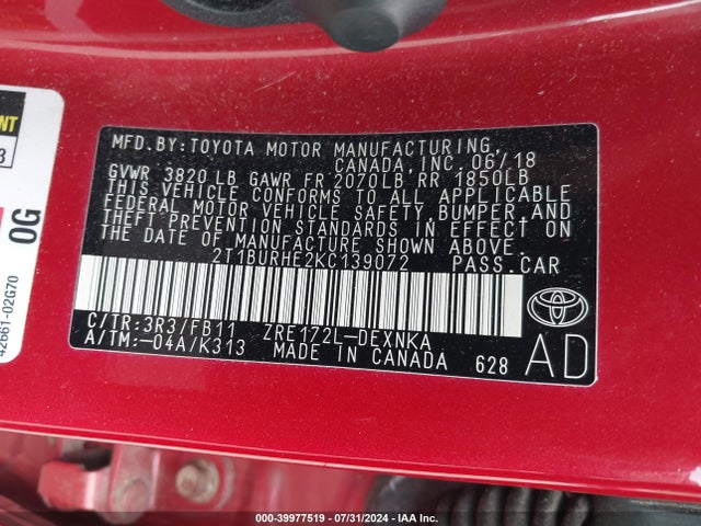 Toyota COROLLA LE 2019 2T1BURHE2KC139072 Image 9