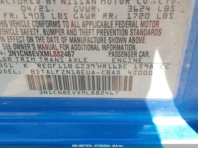 Nissan Versa Sv Xtronic Cvt 2021 3N1CN8EVXML882467 Image 9