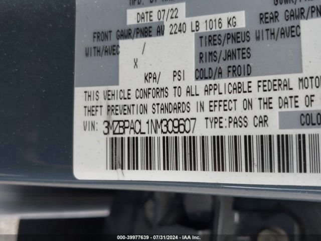 3MZBPACL1NM309607 Mazda Mazda3 Carbon Edition
