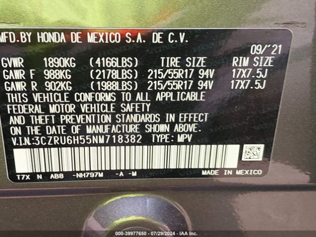 3CZRU6H55NM718382 Honda Hr-v Awd Ex