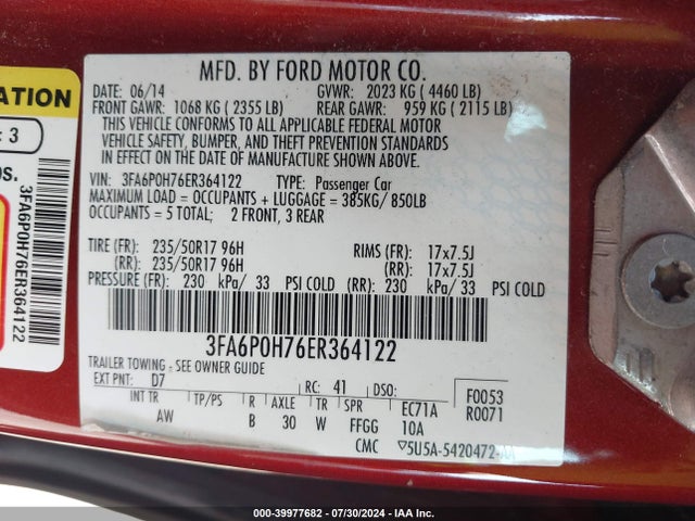 Ford FUSION SE 2014 3FA6P0H76ER364122 Image 9
