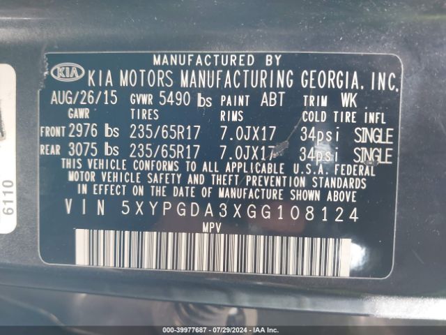 5XYPGDA3XGG108124 KIA Sorento 2.4l Lx