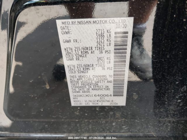 5N1DR2CM2LC640064 Nissan Pathfinder Sl 4wd