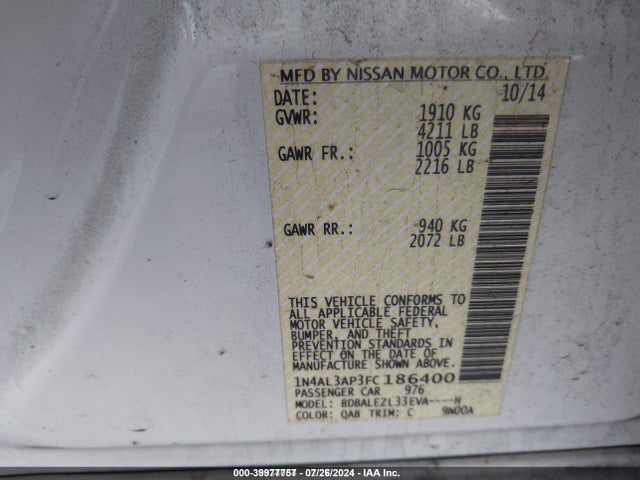 Nissan Altima 2.5 S 2015 1N4AL3AP3FC186400 Image 9
