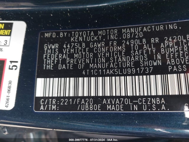 Toyota CAMRY LE 2020 4T1C11AK5LU991737 Image 9