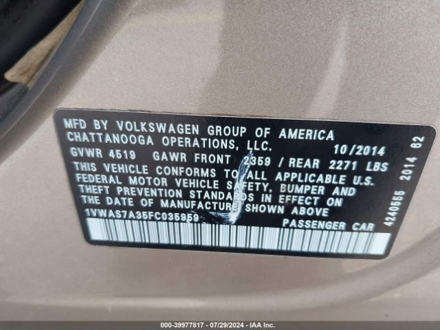 1VWAS7A35FC035959 Volkswagen Passat 1.8t Wolfsburg Edition