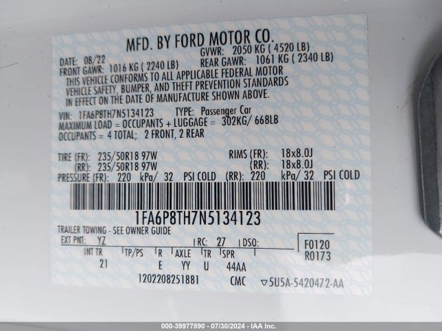 Ford Mustang Ecoboost Fastback 2022 1FA6P8TH7N5134123 Image 9