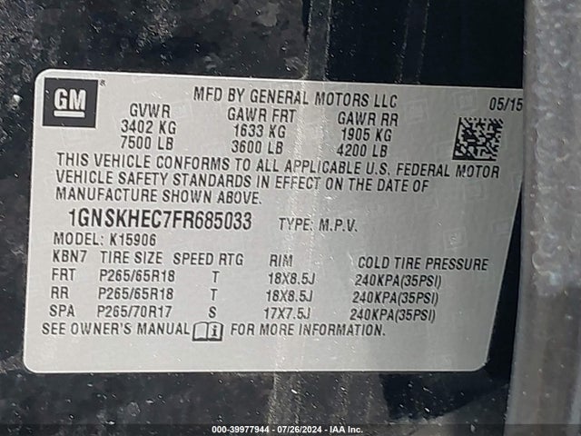 Chevrolet Suburban 1500 Ls 2015 1GNSKHEC7FR685033 Image 9