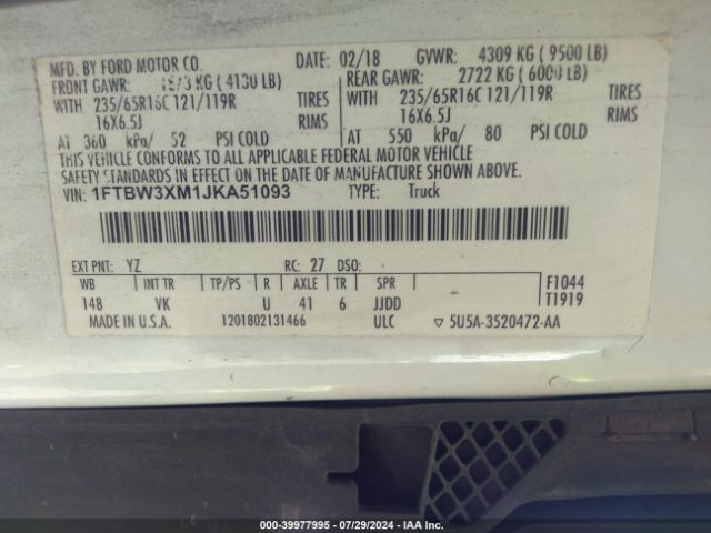 1FTBW3XM1JKA51093 Ford Transit-350