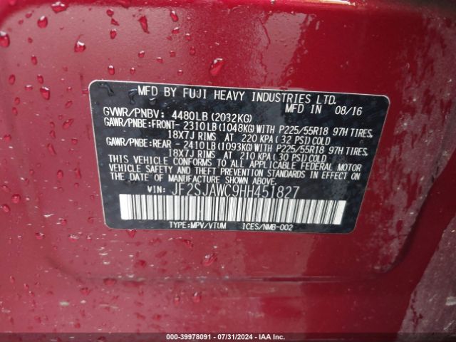 JF2SJAWC9HH451827 Subaru Forester 2.5i Touring