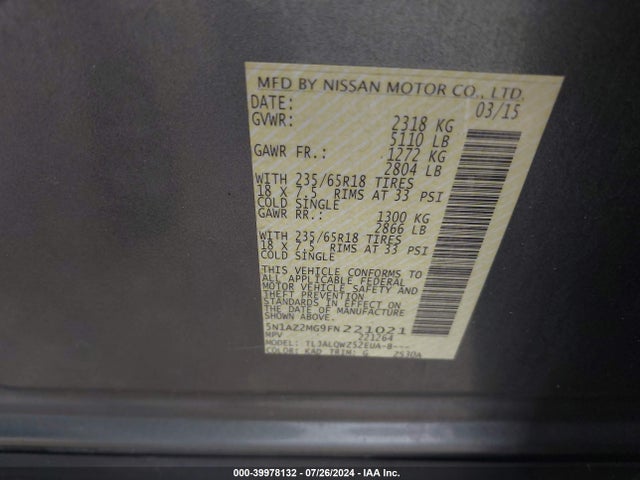 Nissan MURANO SV 2015 5N1AZ2MG9FN221021 Image 9