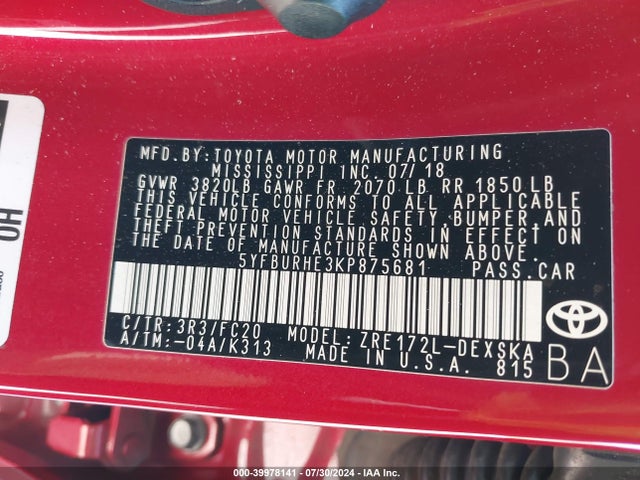Toyota COROLLA SE 2019 5YFBURHE3KP875681 Image 9
