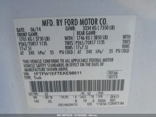 1FTFW1EF7EKE98611 Ford F-150 Xlt