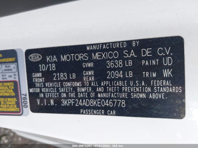 3KPF24AD8KE046778 KIA FORTE FE