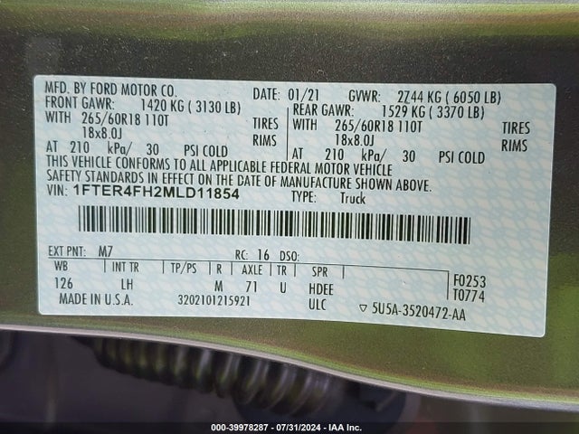 Ford RANGER XL 2021 1FTER4FH2MLD11854 Image 9