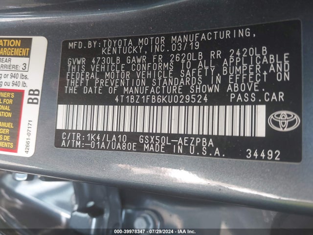 Toyota AVALON LIMITED 2019 4T1BZ1FB6KU029524 Image 9
