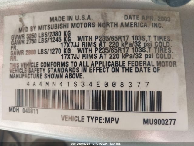 2004 MITSUBISHI ENDEAVOR 4A4MN41S34E008377 Photo 8