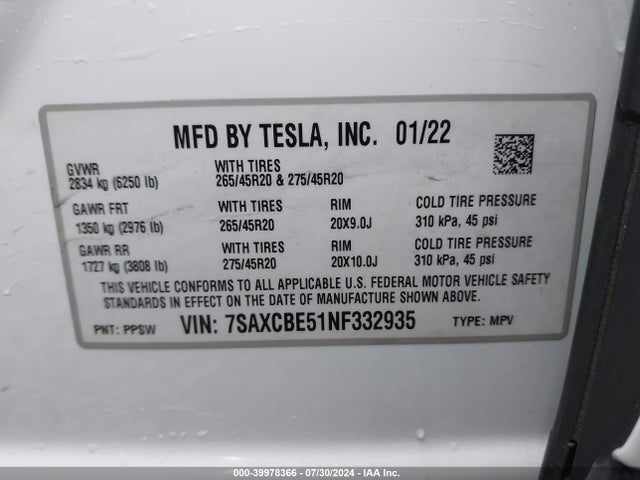 7SAXCBE51NF332935 Tesla Model X Dual Motor All-wheel Drive