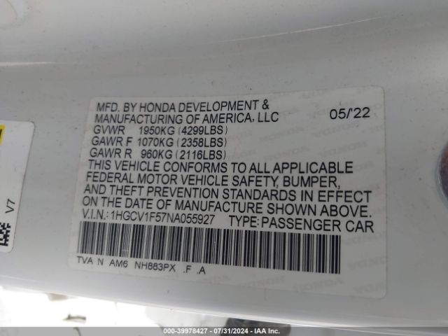 1HGCV1F57NA055927 Honda Accord Ex-l