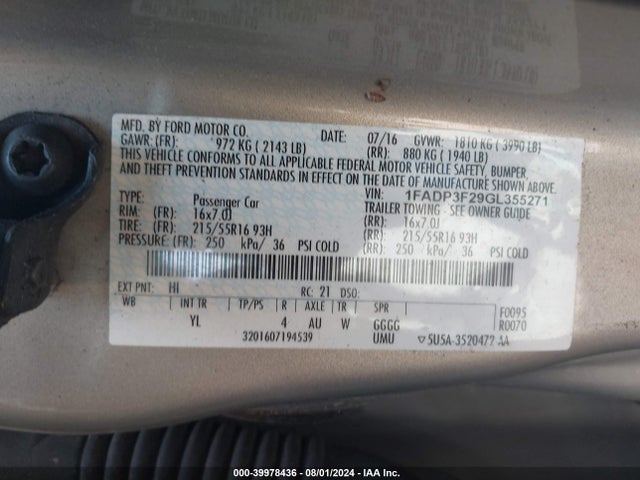 Ford FOCUS SE 2016 1FADP3F29GL355271 Image 9