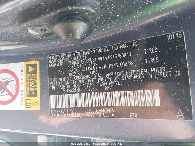 Toyota Highlander Xle V6 2015 5TDKKRFH8FS119053 Image 9