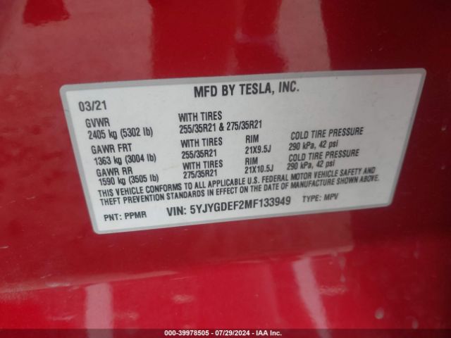 2021 TESLA MODEL Y 5YJYGDEF2MF133949 Photo 8