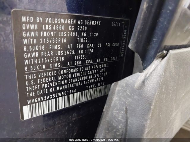WVGBV3AX5EW501344 Volkswagen TIGUAN S